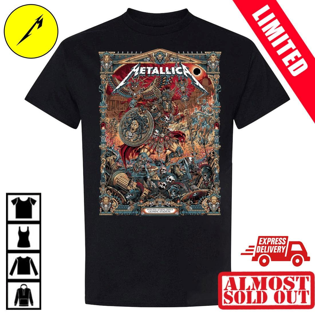 Metallica Athens Greece May 9 2026 Concert Shirt – M72 Tour The Warrior With Medusa Shield By Juan Ma Orozco – Olympic Stadium Official Merch T-Shirt