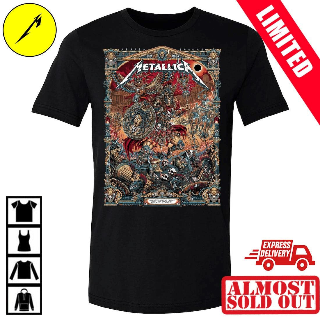 Metallica Athens Greece May 9 2026 Concert Shirt – M72 Tour The Warrior With Medusa Shield By Juan Ma Orozco – Olympic Stadium Official Merch T-Shirt
