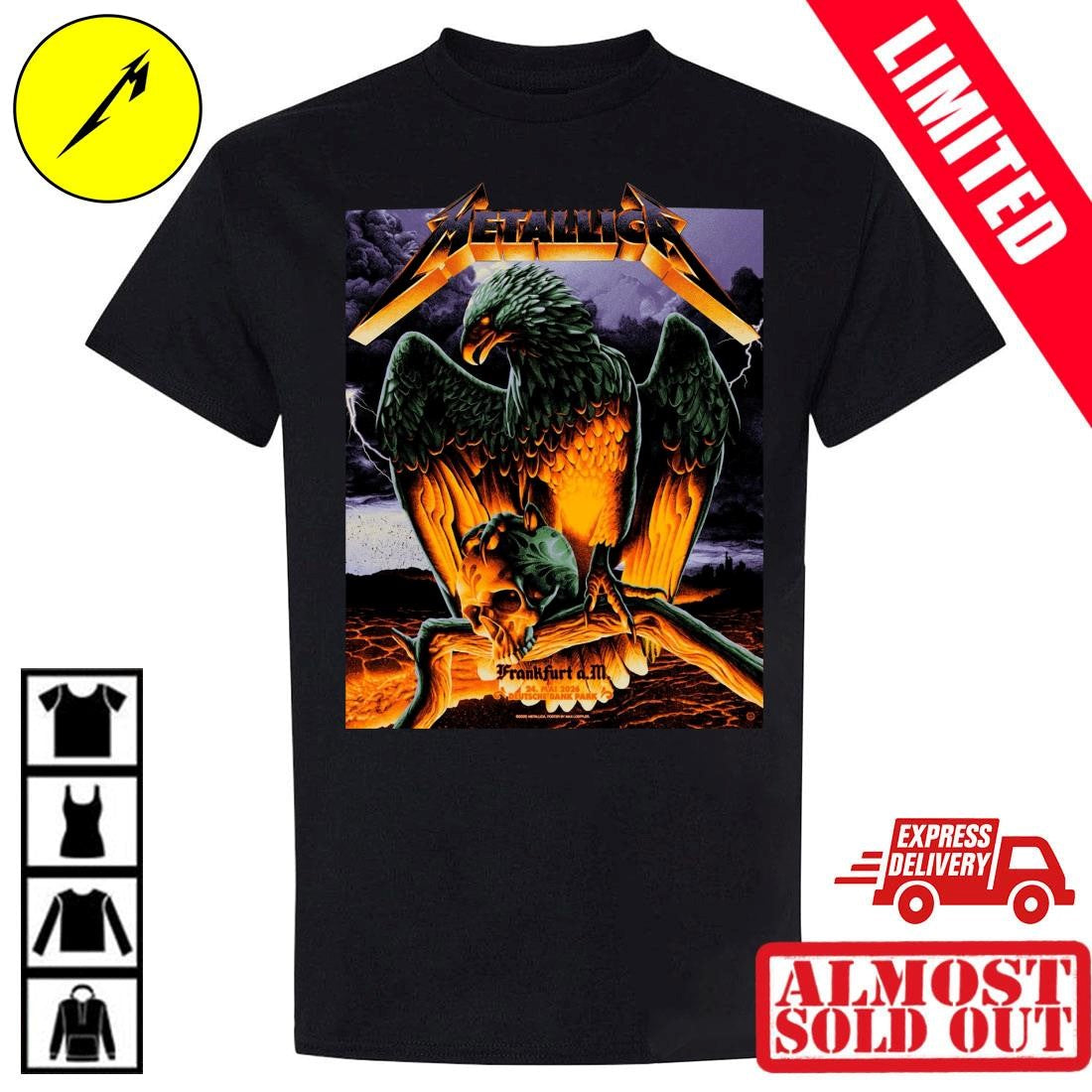 Metallica Concert Merch T-Shirt Frankfurt Germany 2026 – Limited Edition Glowing Eye Eagle & Skull Design By Max Loeffler – May 24 M72 Tee