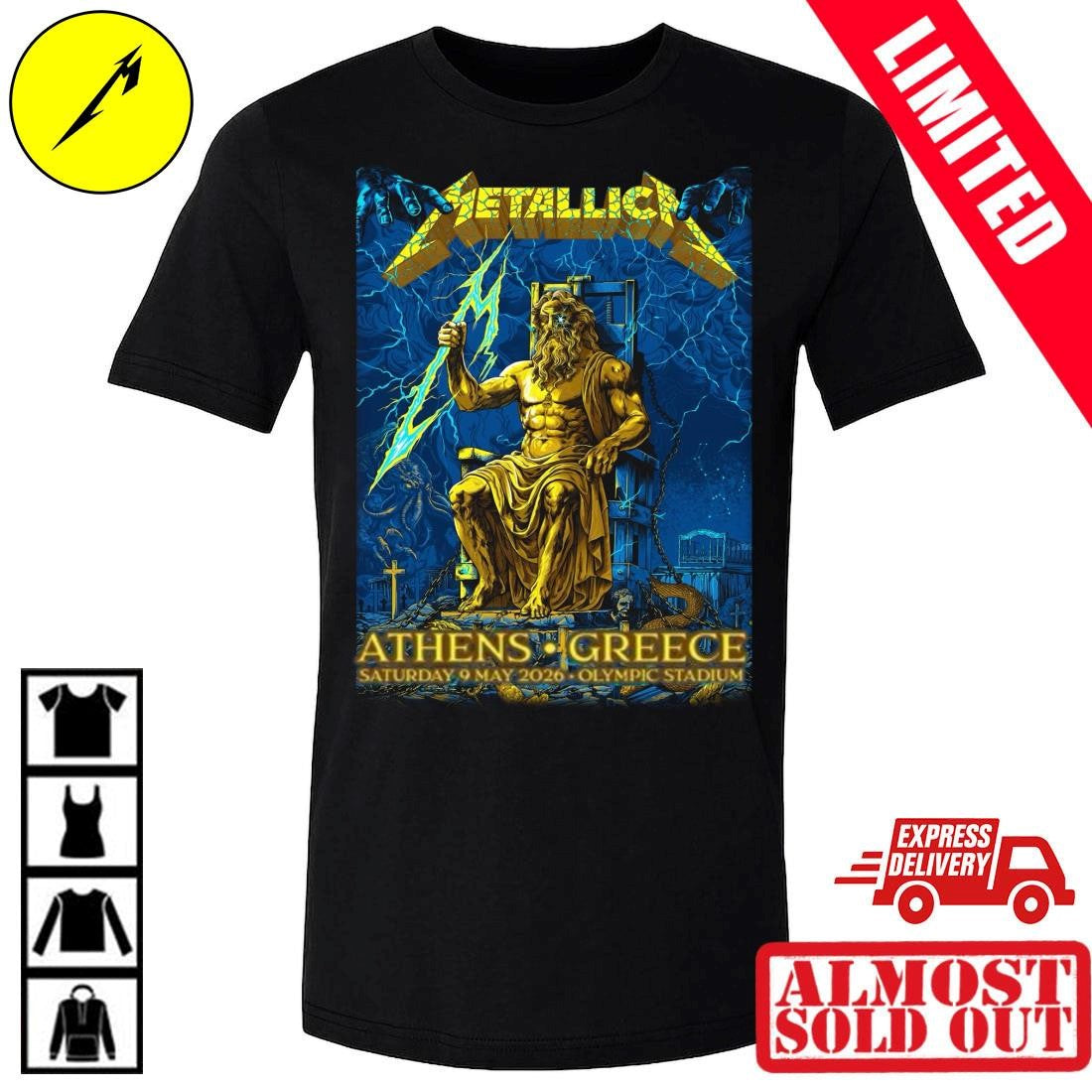 Metallica Concert Shirt Athens Greece 2026 – Zeus & Lightning Bolt Art By Revolver Dart – Olympic Stadium May 9 M72 Tour Metal Tee