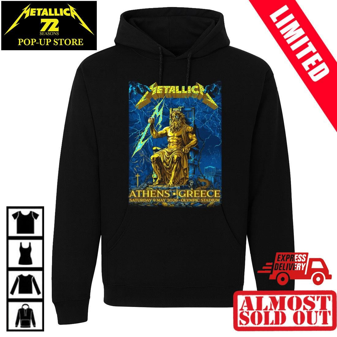 Metallica Concert Shirt Athens Greece 2026 – Zeus & Lightning Bolt Art By Revolver Dart – Olympic Stadium May 9 M72 Tour Metal Tee