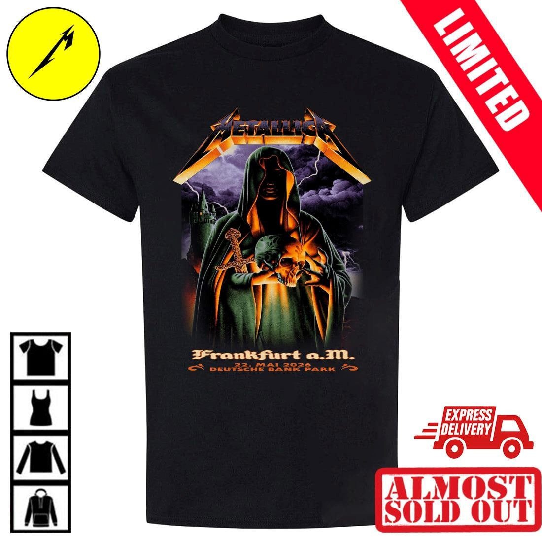 Metallica Frankfurt 2026 Shirt Night One Venue Poster 22 Mai 2026 Green Hooded Sorcerer holding Skull Tee