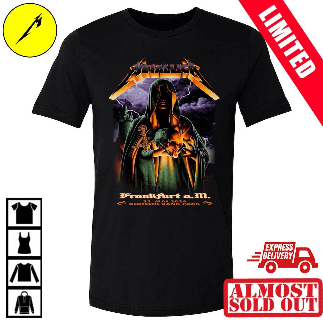 Metallica Frankfurt 2026 Shirt Night One Venue Poster 22 Mai 2026 Green Hooded Sorcerer holding Skull Tee