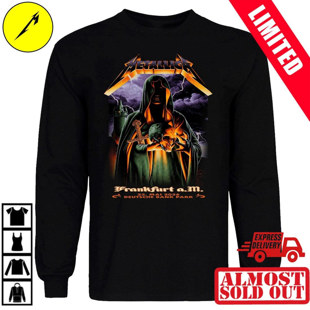 Metallica Frankfurt 2026 Shirt Night One Venue Poster 22 Mai 2026 Green Hooded Sorcerer holding Skull Tee