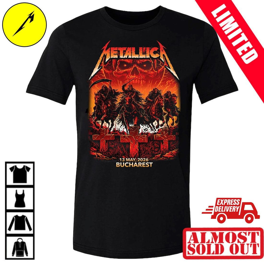 Metallica M72 Bucharest 2026 Four Horsemen & Crosses Shirt By Maxx242 – Romania May 13 Tour Concert Pop Up Merchandise Tee