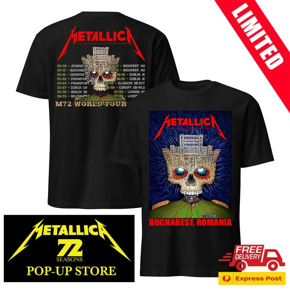Metallica M72 Bucharest Romania May 13 2026 Two Sided Merch Tee – Skull Art by Matei Apostolescu Official