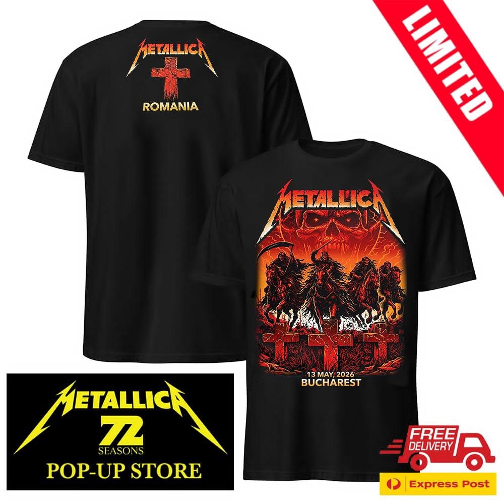 Metallica M72 Tour Bucharest 2026 Official Pop-Up Shop Two Sided Merch Tee – Four Horsemen Design