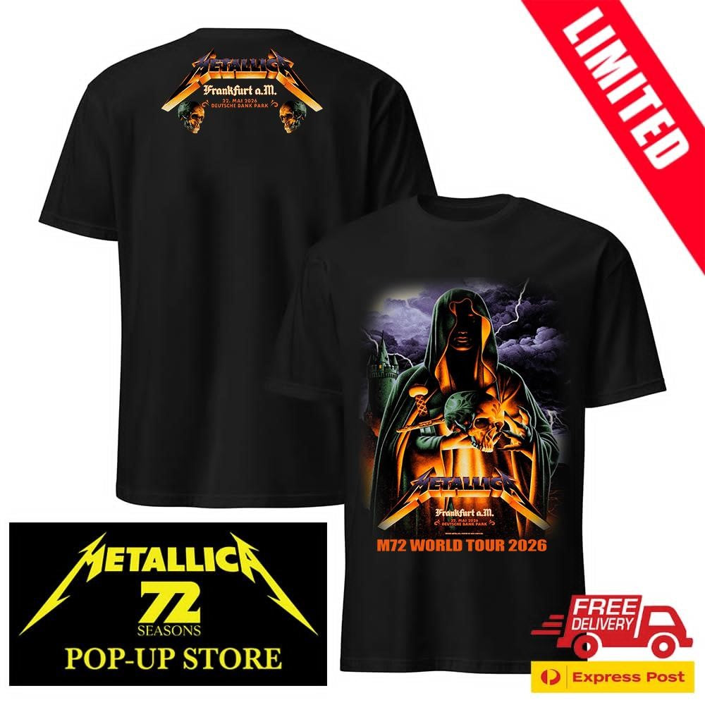 Metallica M72 Tour Frankfurt 2026 Shirt Night 1 Deutsche Bank Park May 22 2026 Green Hooded Sorcerer holding Skull and Sword Heavy Metal Concert Tee