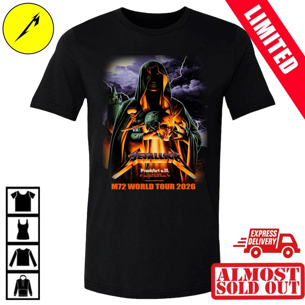 Metallica M72 Tour Frankfurt May 22 2026 Event Poster Design Shirt Green Hooded Sorcerer Wizard holding Skull and Dagger Metal Band Tee