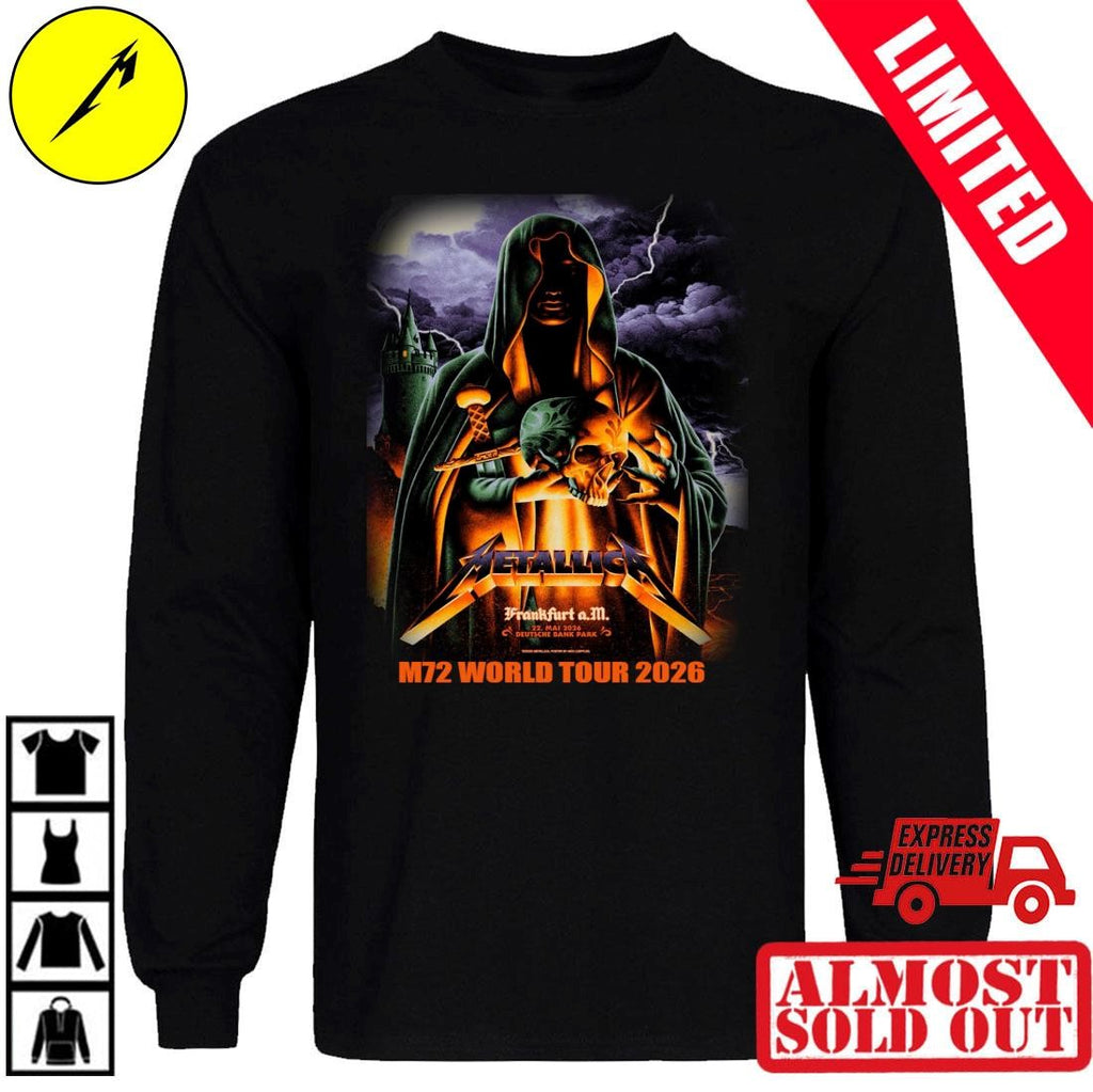 Metallica M72 Tour Frankfurt May 22 2026 Event Poster Design Shirt Green Hooded Sorcerer Wizard holding Skull and Dagger Metal Band Tee