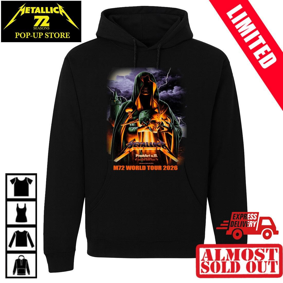Metallica M72 Tour Frankfurt May 22 2026 Event Poster Design Shirt Green Hooded Sorcerer Wizard holding Skull and Dagger Metal Band Tee