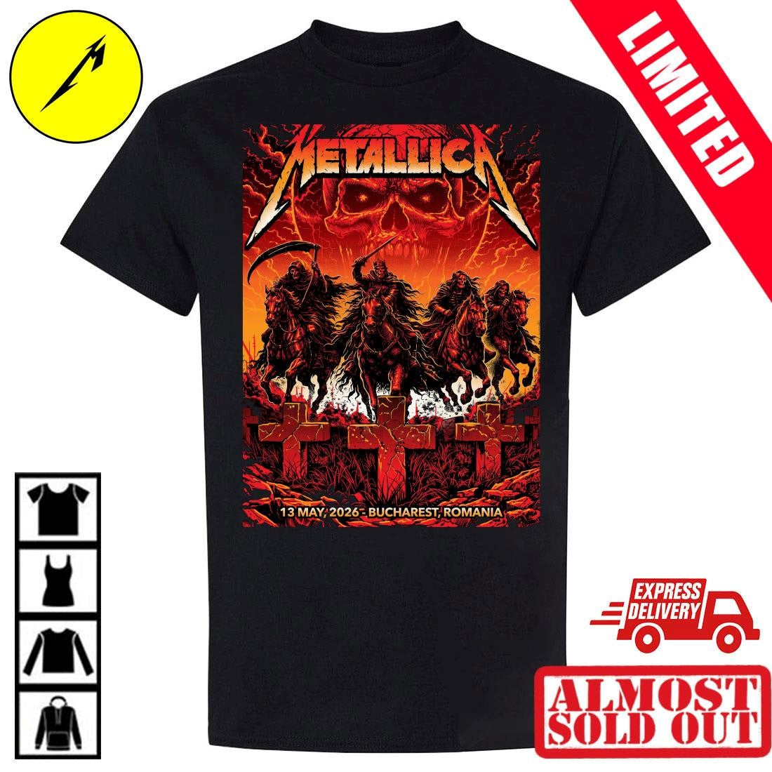 Metallica M72 World Tour Bucharest Romania 2026 Shirt – Four Horsemen Artwork By Maxx242 – National Arena May 13 Concert Venue Merch Tee