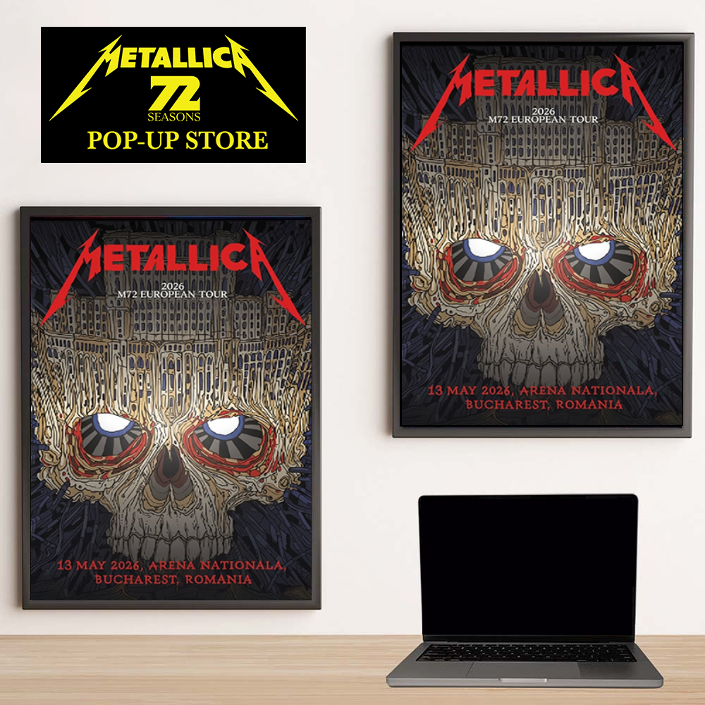 Metallica 2026 M72 European Tour May 13, 2026 Arena Nationala, Bucharest , Romania Palace Of Parliament Skull Art Poster