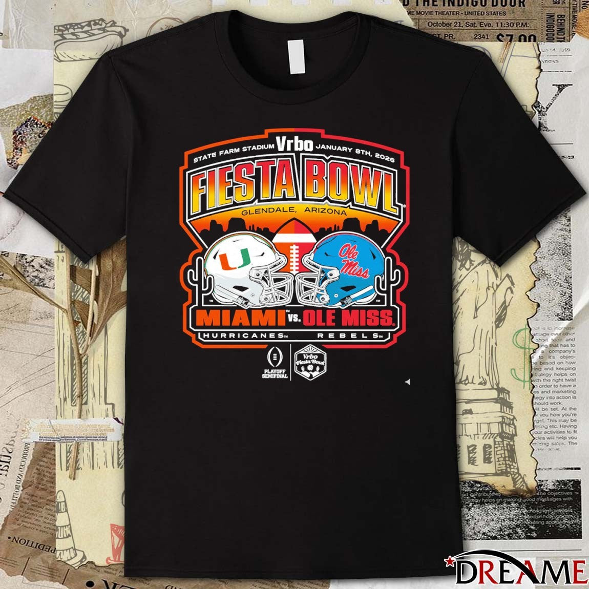 Miami Vs Ole Miss 2026 Vrbo Fiesta Bowl Matchup CFP Semifinal Scripted t-shirt