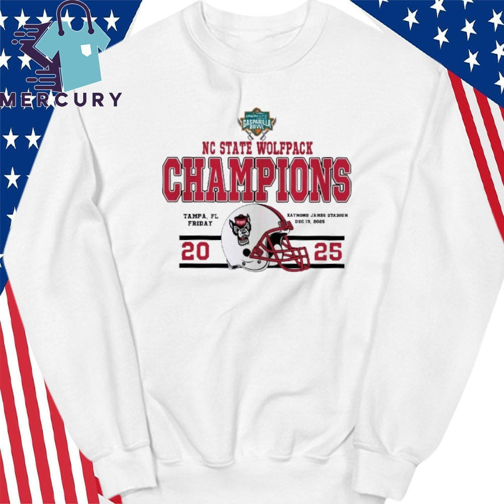 NC State Wolfpack Champions 2025 Union Home Mortgage Gasparilla Bowl Helmet Tampa, FL Raymond James Stadium Shirt