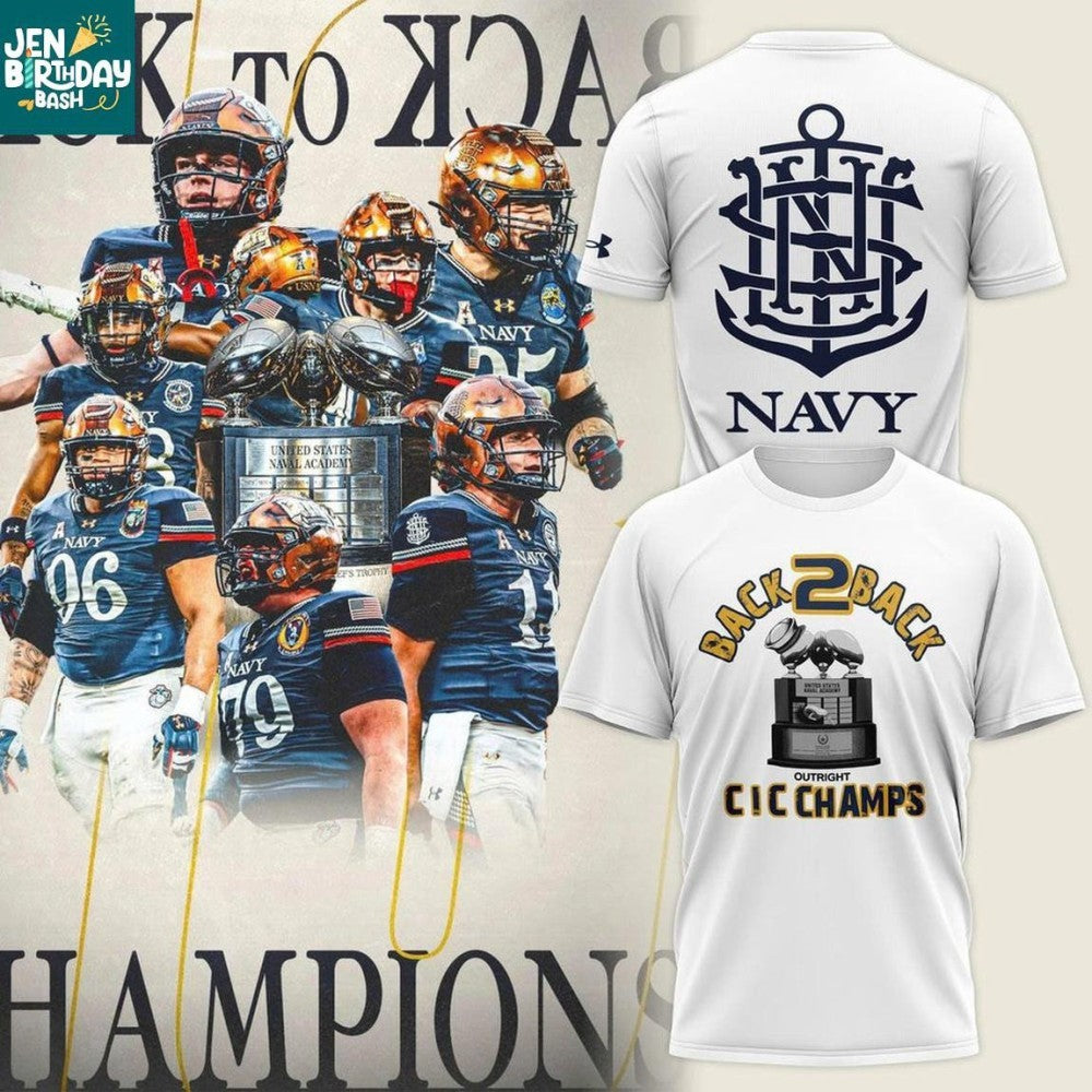 Navy Midshipmen Football Back-to-Back CIC Trophy Champions 2025 Two Sided Shirt