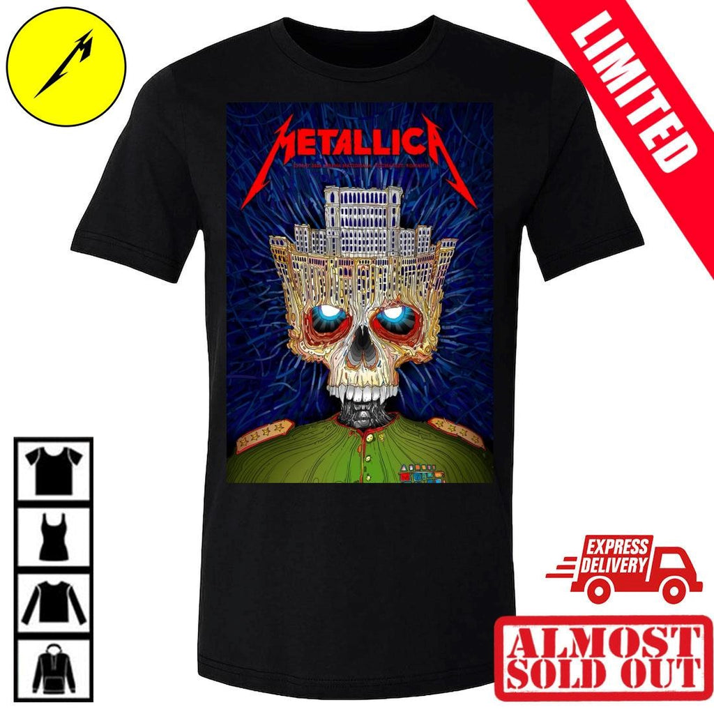Official Metallica Bucharest Romania 2026 Concert T-Shirt Palace Of Parliament Crown Skull Art By Matei Apostolescu Arena Nationala May 13 Merch