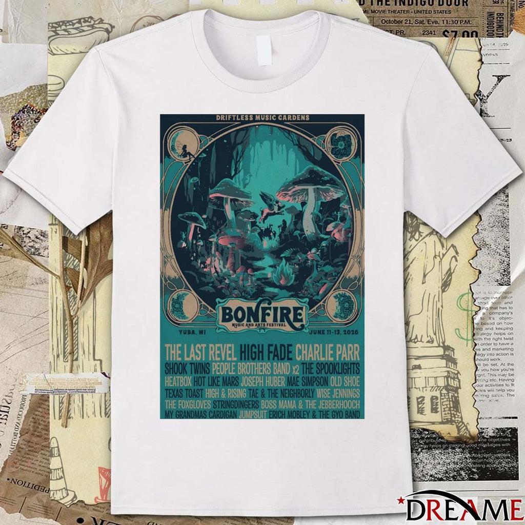 Poster Bonfire Music And Arts Festival Yuba WI June 11-13 2026 t-shirt