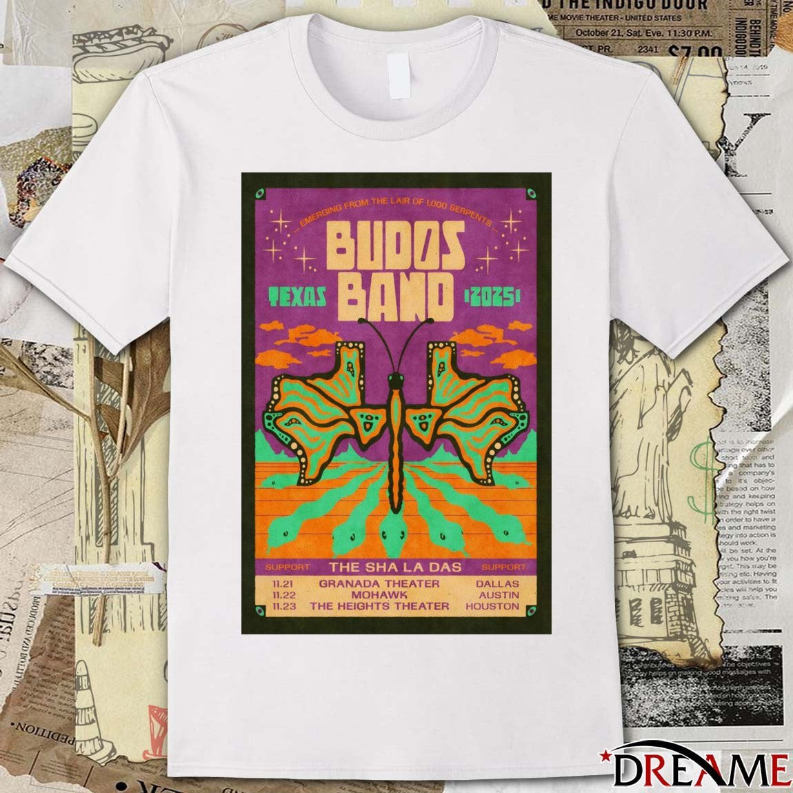 Poster Budos Band Poster TX Tour 2025 11.21 Granada Theater Dallas 11.22 Mohawk Austin 11.23 The Heights Theater Houston t-shirt