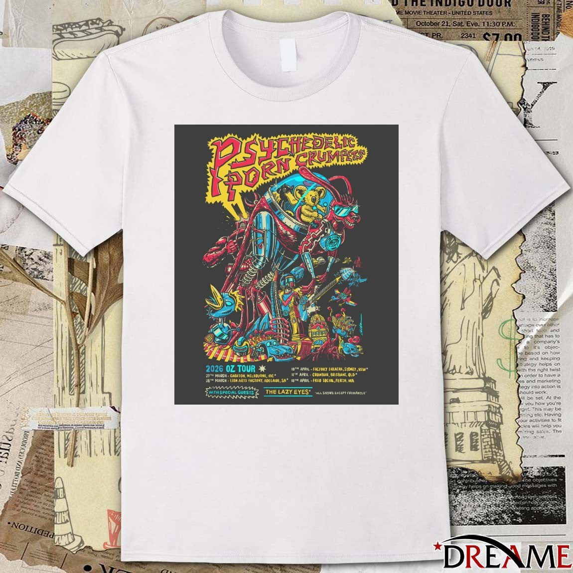 Poster Psychedelic Porn Crumpets OZ 2026 Shows The Lazy Eyes t-shirt