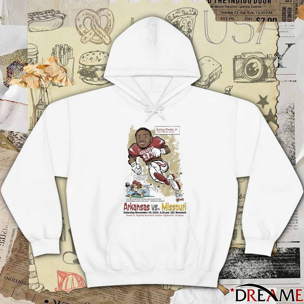 Quincy Rhodes Jr. Arkansas vs. Missouri November 29, 2025 Donald W. Reynolds Razorback Stadium, Fayetteville, Arkansas t-shirt