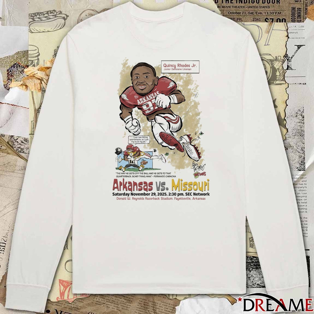 Quincy Rhodes Jr. Arkansas vs. Missouri November 29, 2025 Donald W. Reynolds Razorback Stadium, Fayetteville, Arkansas t-shirt