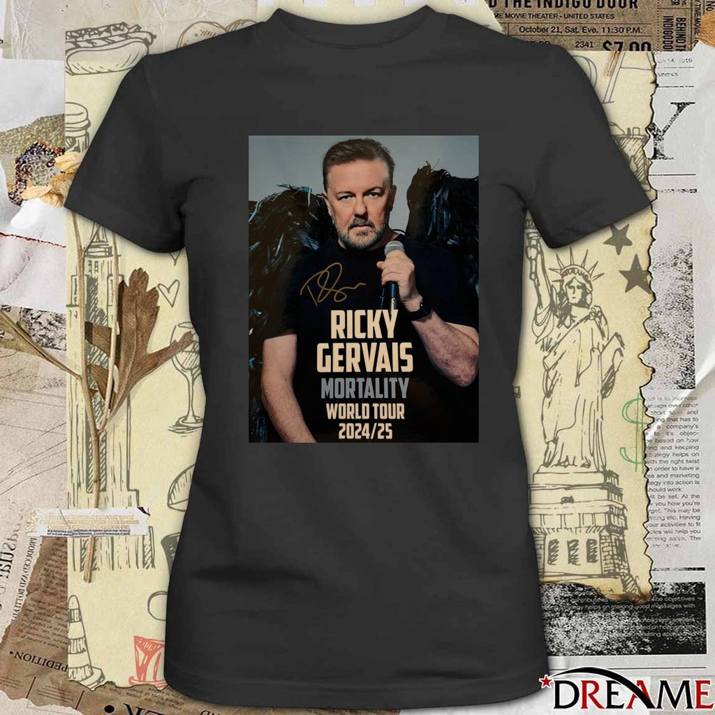 Ricky Gervais Mortality World Tour 2024-25 Signature Poster t-shirt