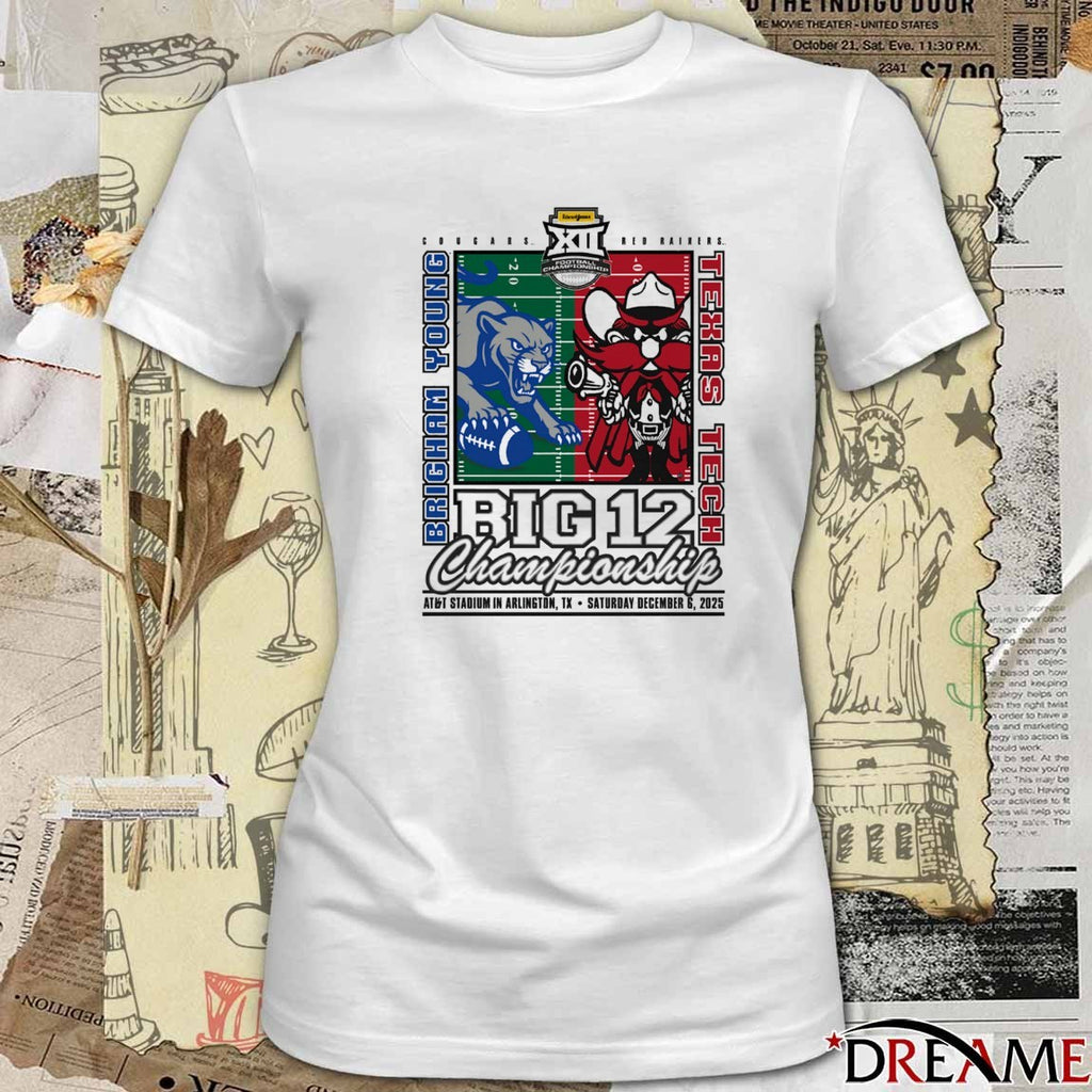 Texas Tech Red Raiders Vs BYU Cougars Big 12 Championship AT&T Stadium Arlington TX December 6 2025 Mascot Matchup t-shirt