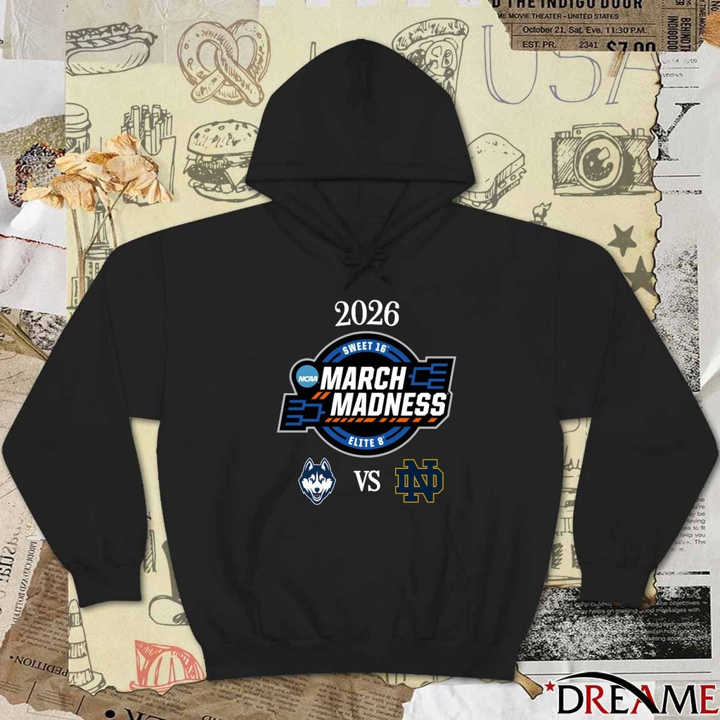UConn Huskies vs Notre Dame Fighting Irish 2026 NCAA Women’s March Madness Elite 8 Logos t-shirt