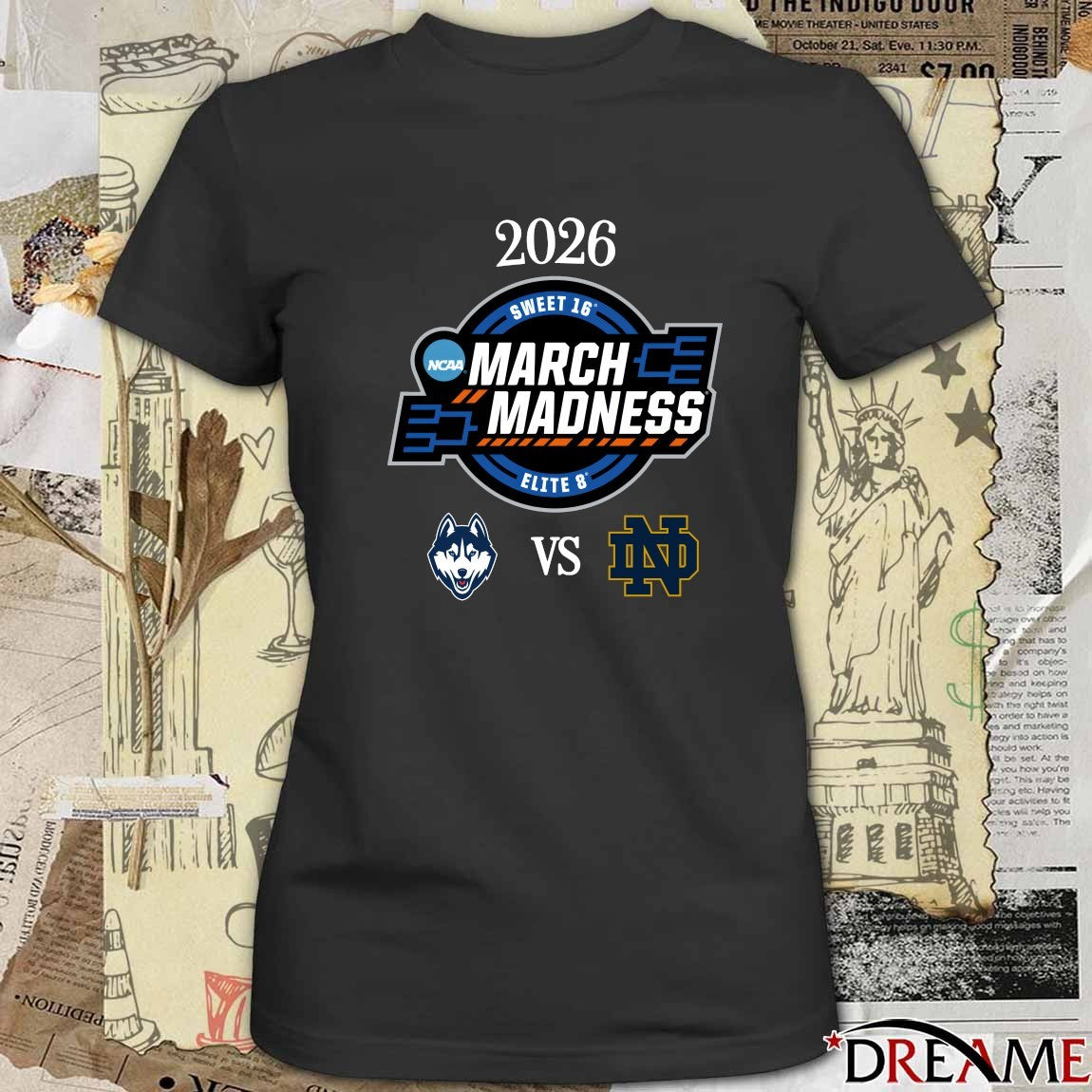 UConn Huskies vs Notre Dame Fighting Irish 2026 NCAA Women’s March Madness Elite 8 Logos t-shirt