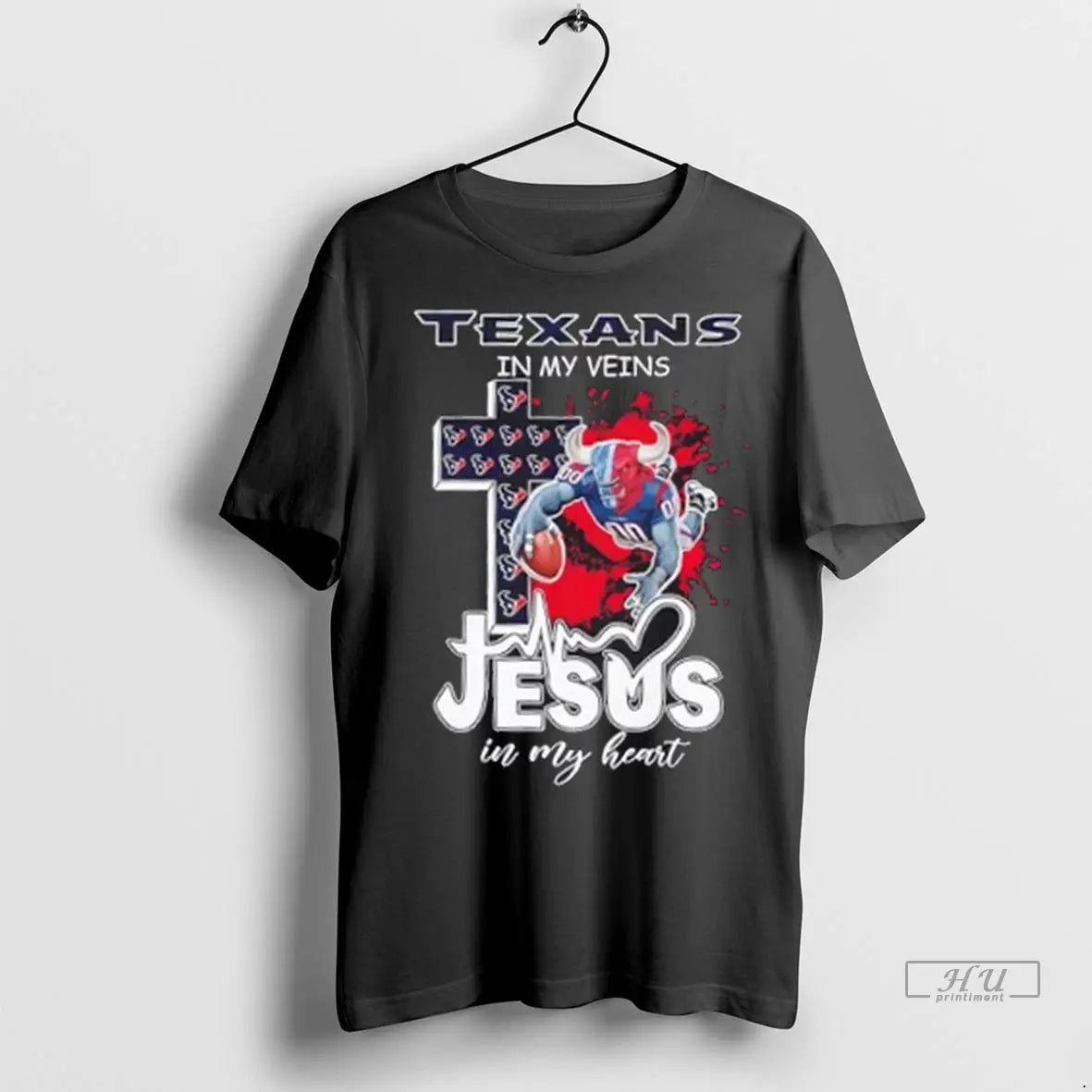 Officials Houston Texans In My Veins Jesus In My Heart Cross Mascot T Shirt