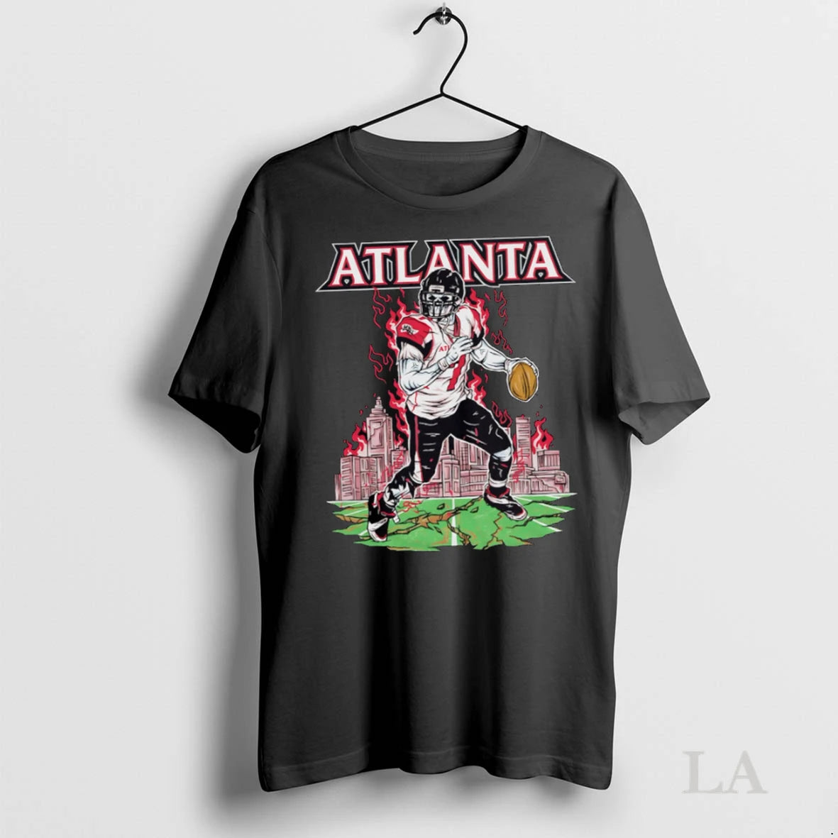 Original Atlanta Zombie Football Player Throwing Ball Flames City Skyline