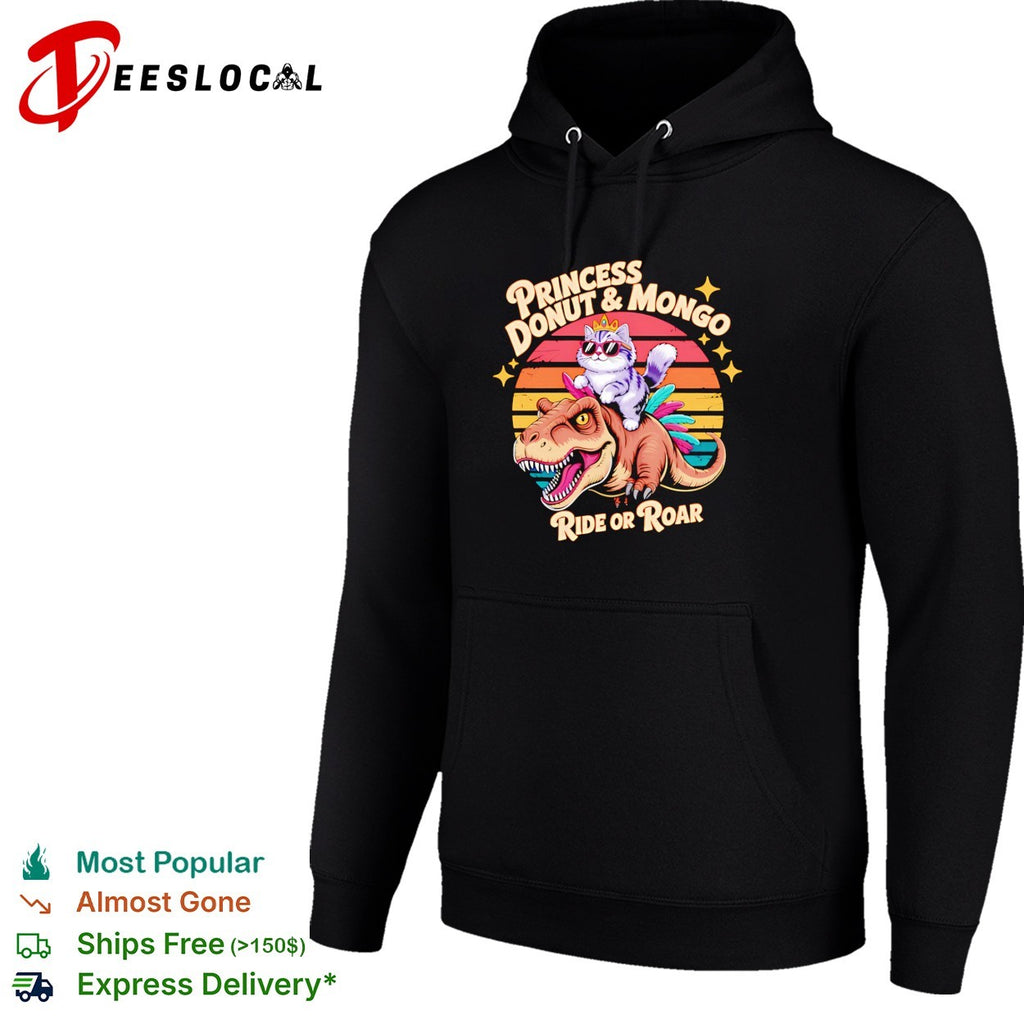 Princess Donut and Mongo ride or roar dinosaur cat shirt