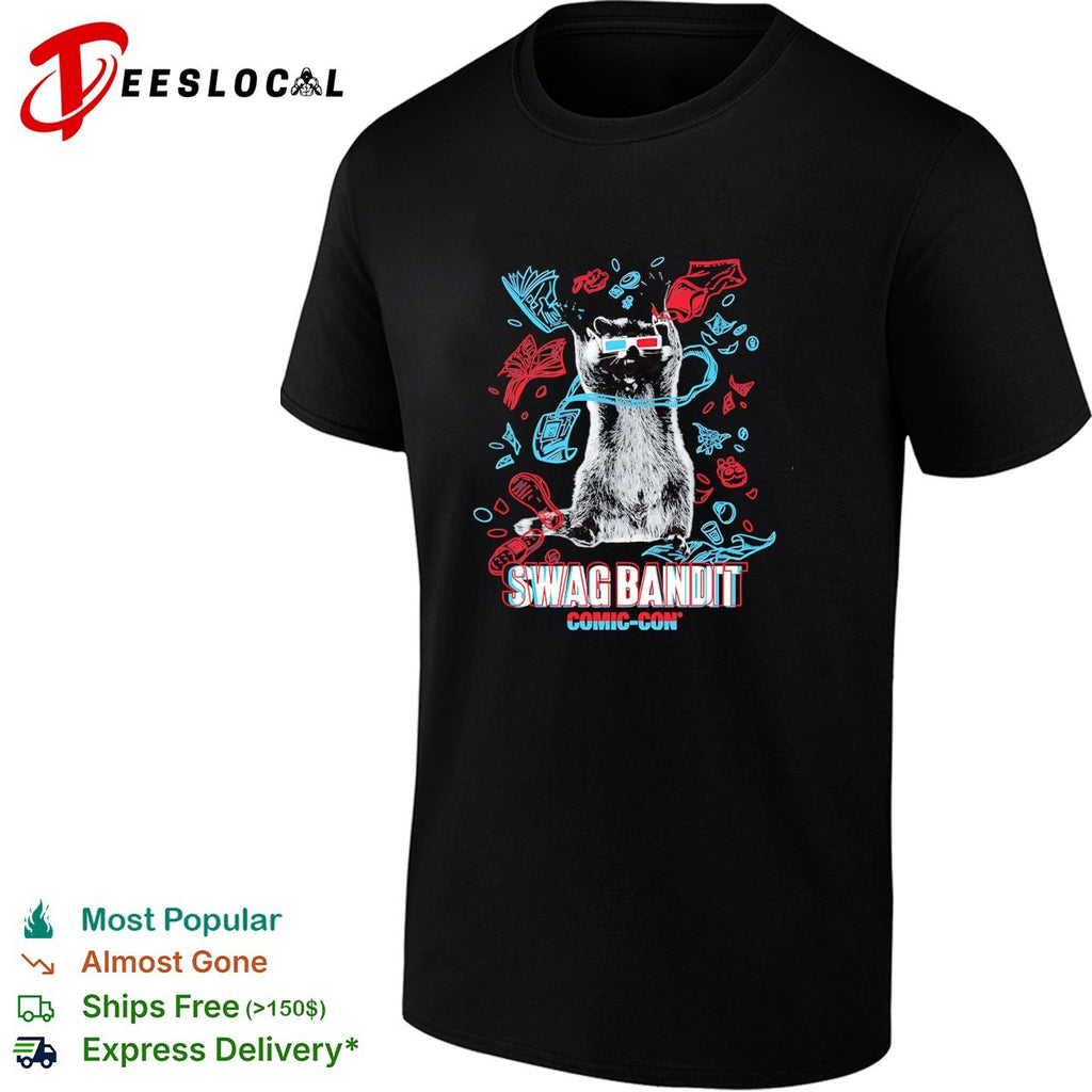 Raccoon wearing 3D glasses swag bandit comic con shirt