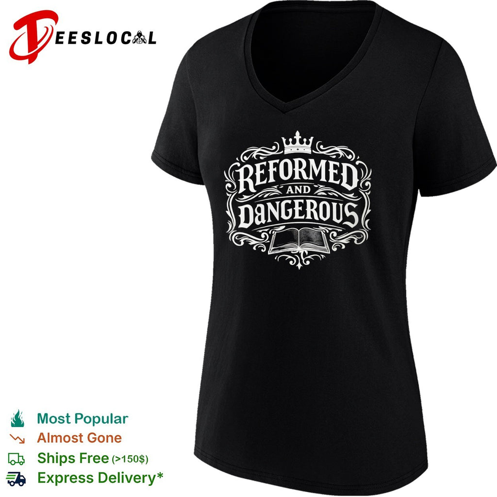 Reformed and Dangerous crown open book typography shirt