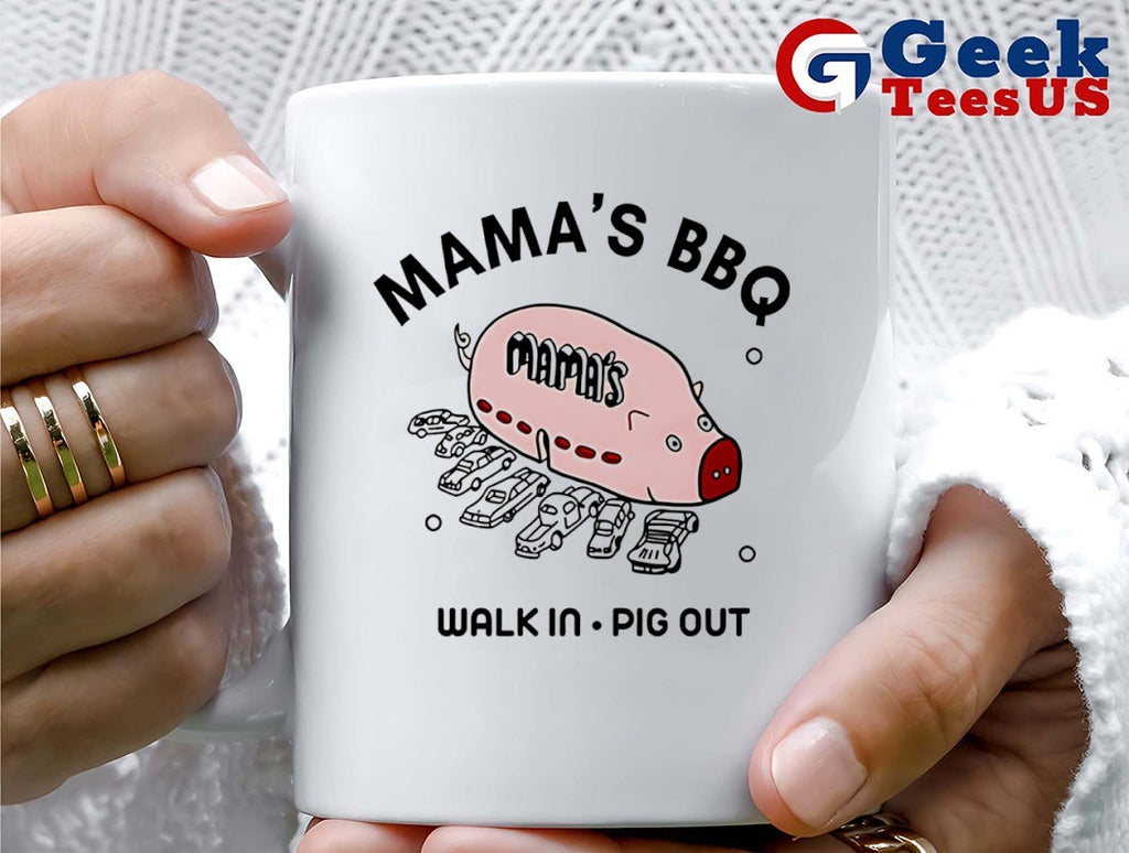 Rob Mac wearing Mama’s BBQ Walk In Pig Out shirt