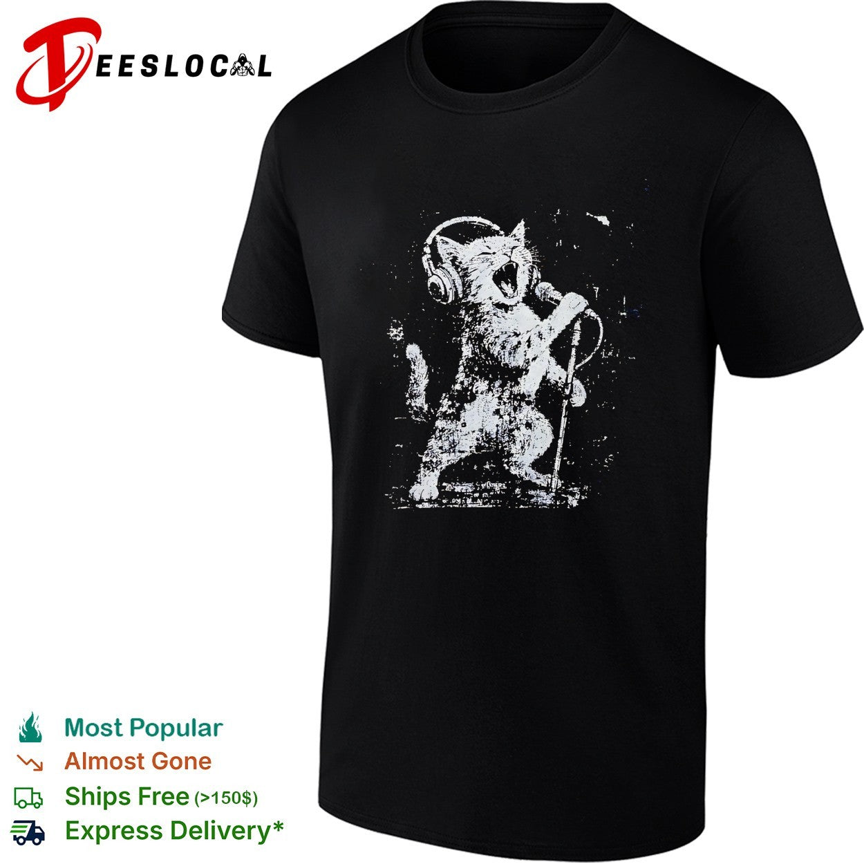 Rockstar cat headphones microphone shirt