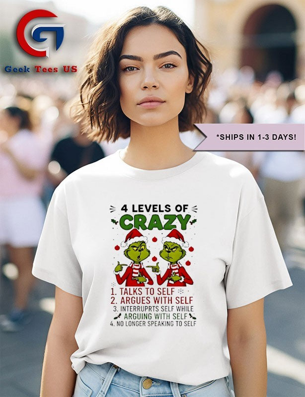 Santa hat Grinch 4 levels of crazy talks to self argues with self interrupts self while Merry Christmas shirt