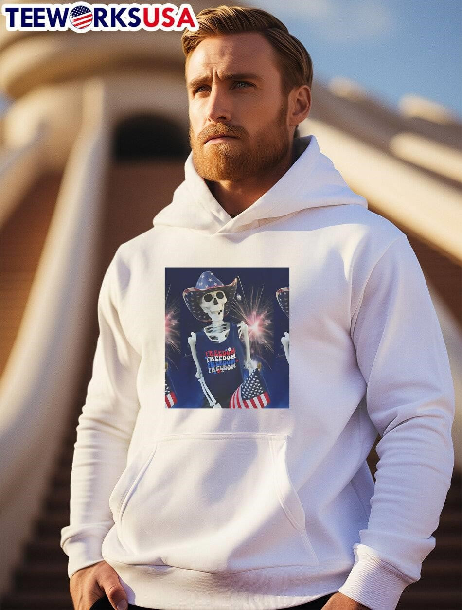 Skeleton Wearing Patriotic Cowboy Hat Celebrating with Flag Freedom shirt