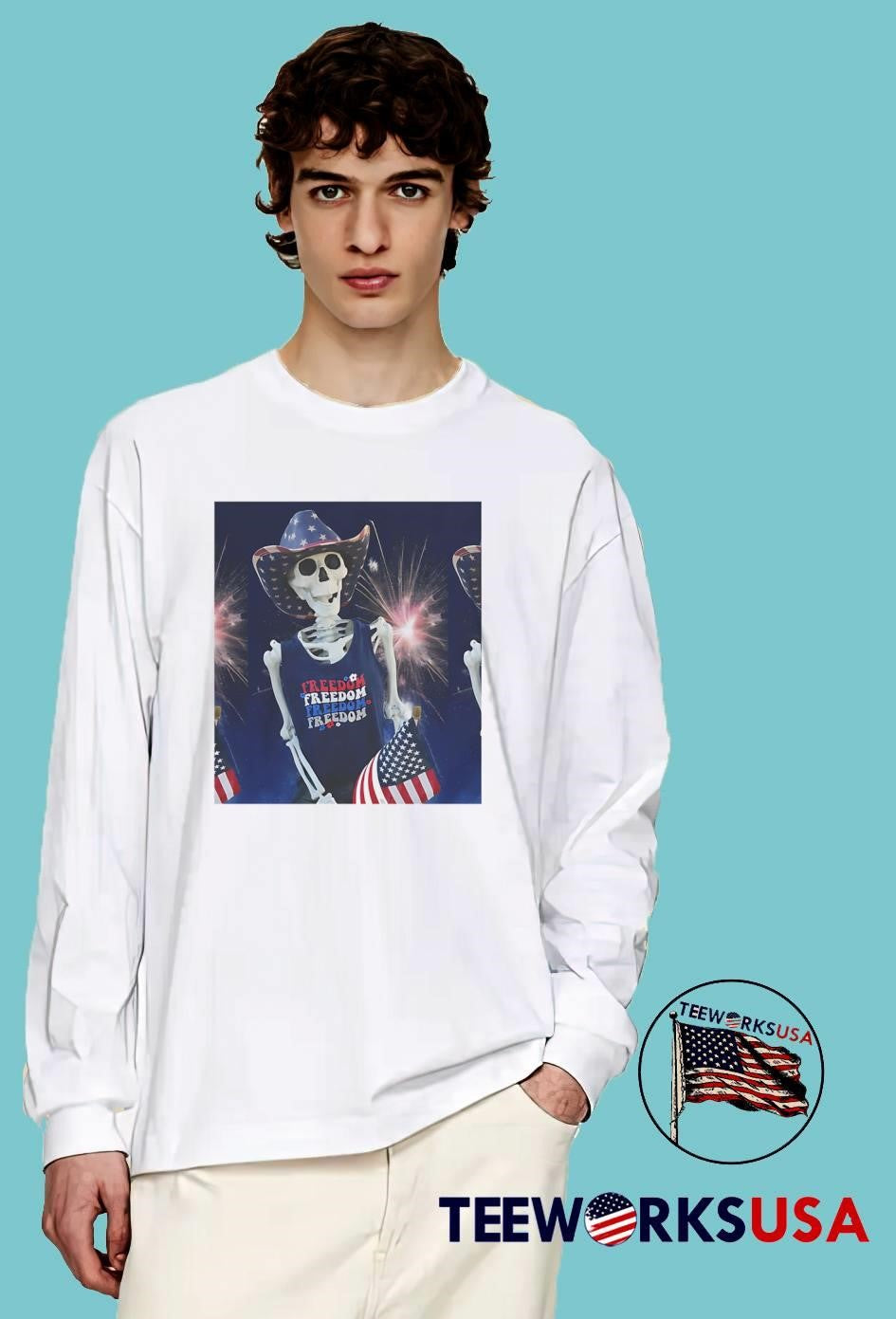 Skeleton Wearing Patriotic Cowboy Hat Celebrating with Flag Freedom shirt