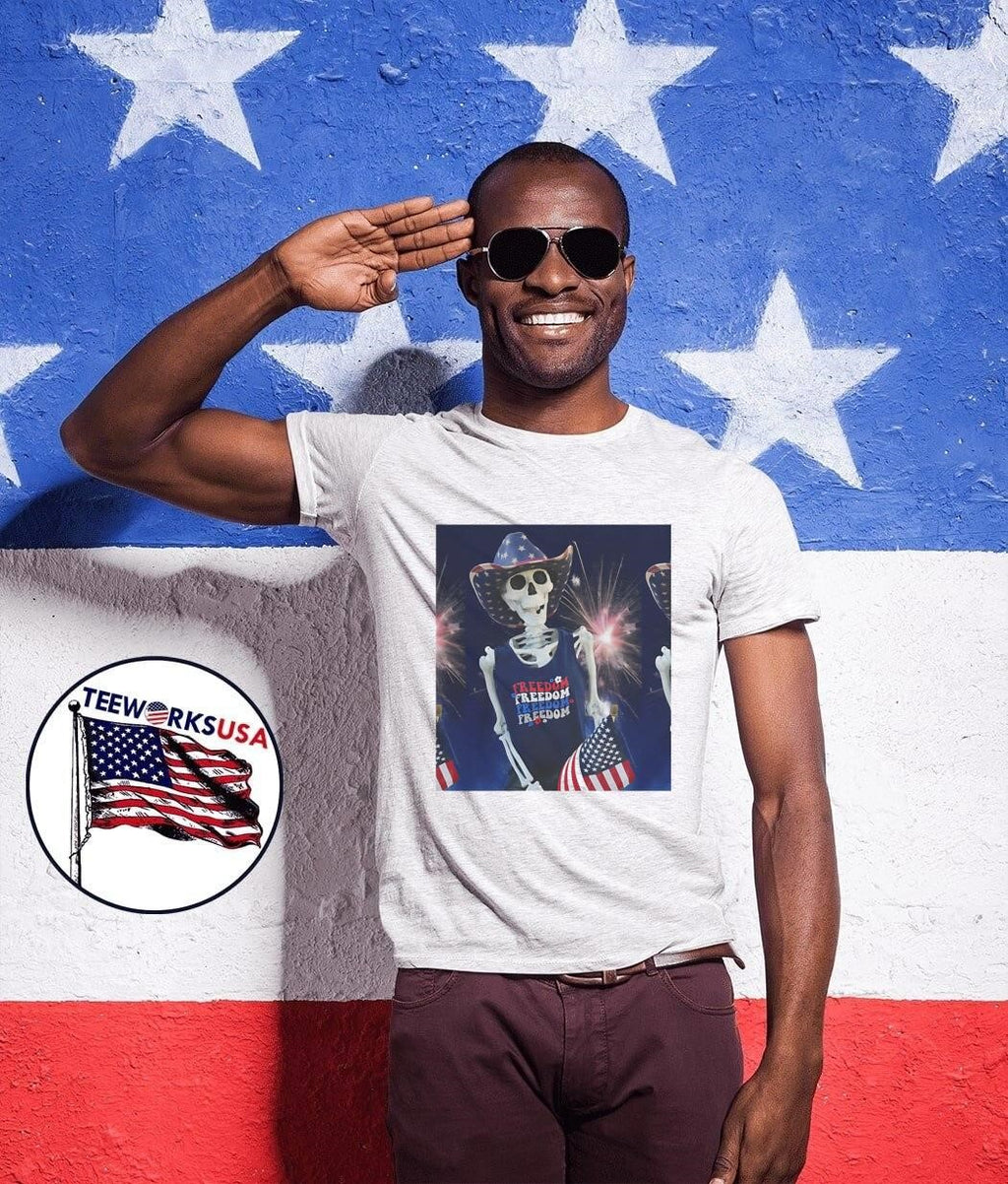 Skeleton Wearing Patriotic Cowboy Hat Celebrating with Flag Freedom shirt