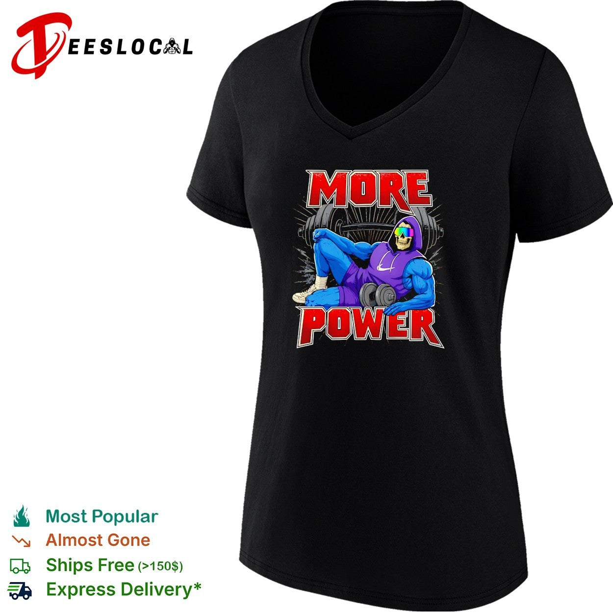 Skeleton musclar wearing purple hoodie more power gym bro shirt