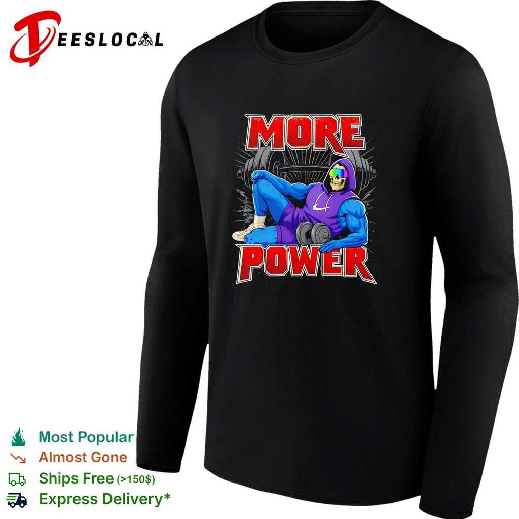 Skeleton musclar wearing purple hoodie more power gym bro shirt