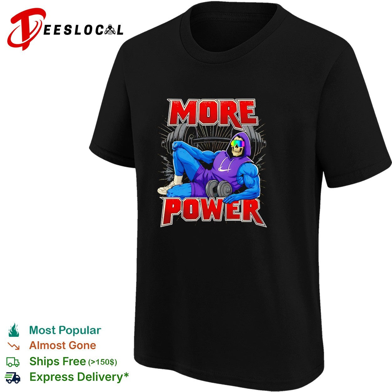 Skeleton musclar wearing purple hoodie more power gym bro shirt