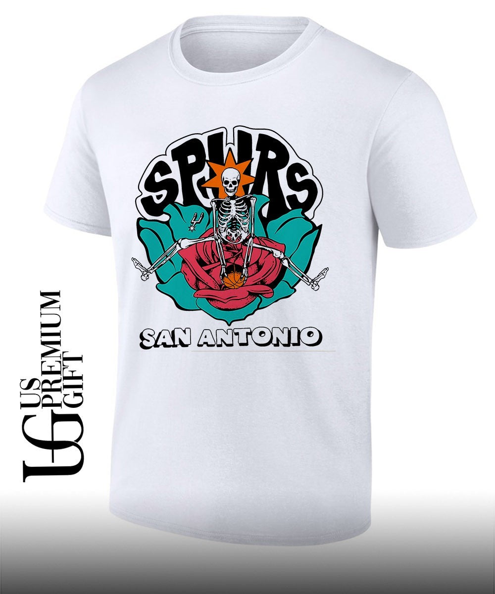 Skeleton sitting in rose San Antonio Spurs Basketball shirt