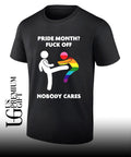Stick figure kicking rainbow character pride month fuck off nobody cares shirt