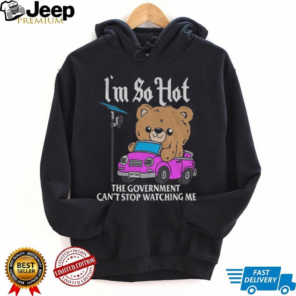 Teddy bear driving pink car with camera sign I’m so hot the government can’t flock camera shirt