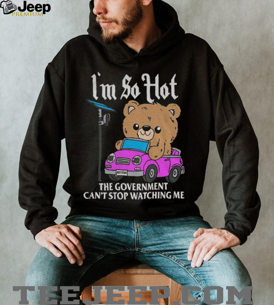 Teddy bear driving pink car with camera sign I’m so hot the government can’t flock camera shirt