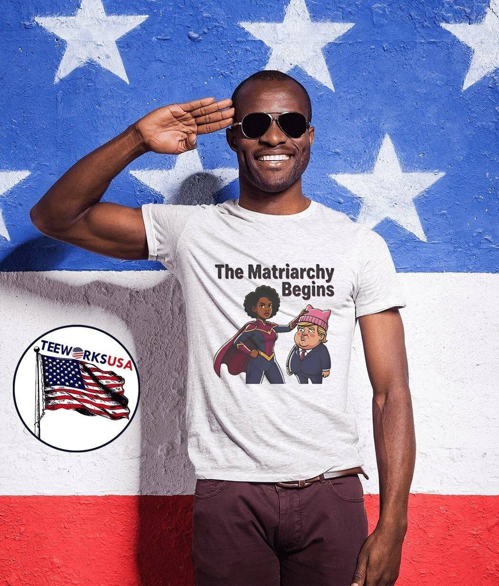 The Matriarchy Begins Superhero Placing Pussyhat on Trump T-Shirt