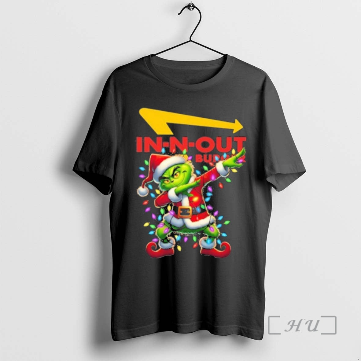 Trending In N Out Burger Logo X Grinch Dabbing Light Christmas Premium T Shirt Sweater